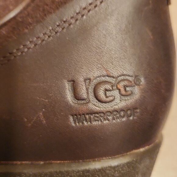 Ugg Women's "Emalie" Brown Suede & Leather Wedge Heel Ankle Boots Size 12 - Picture 3 of 12